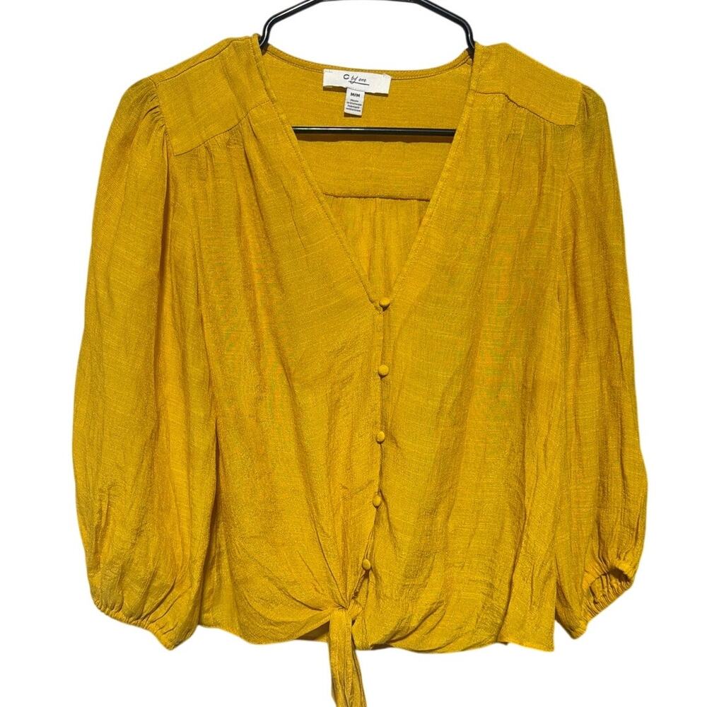C by One Mustard Yellow Button Front 3/4 Sleeve Knot Hem Blouse Top